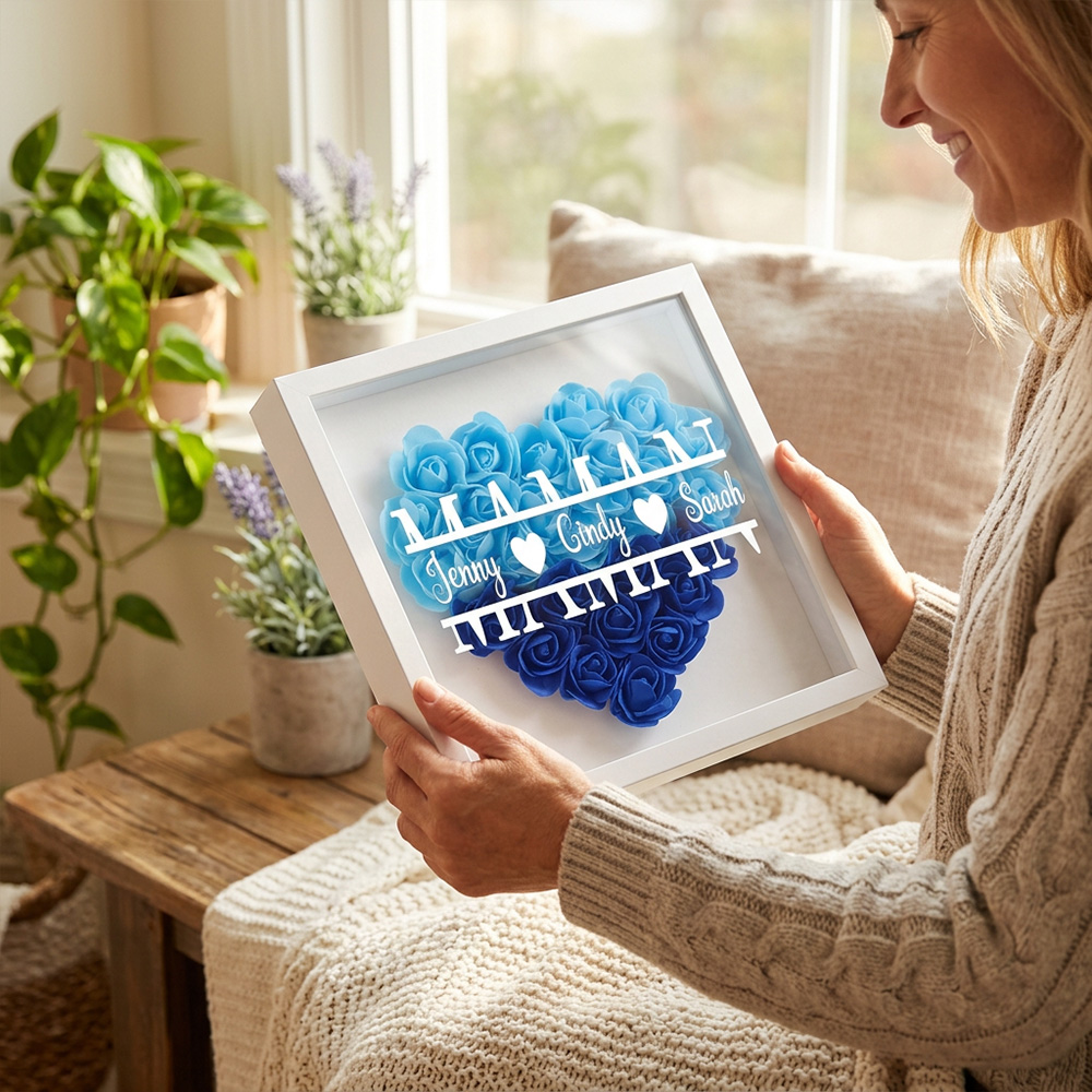 Personalized Mother’s Day Shadow Box – Custom Name Heart Rose Light Frame for Mom