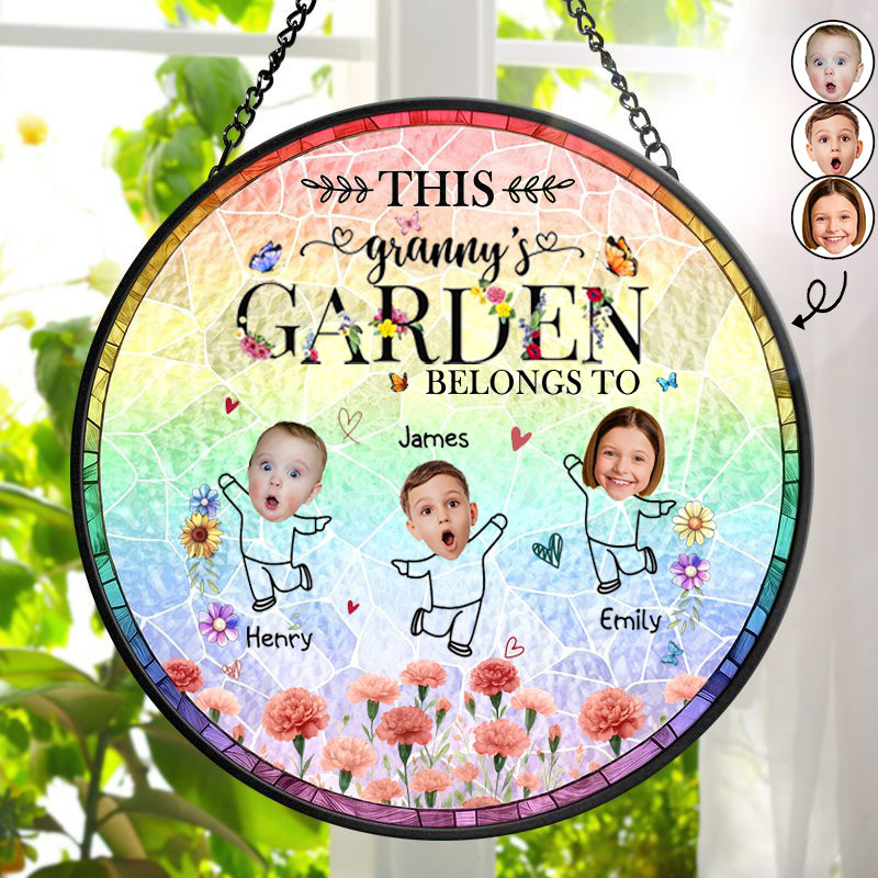Personalized Birth Flower This Grandma's Mom's Garden Belongs Custom Stained Glass Window Hanging Suncatcher with Kids Mother's Day Gift