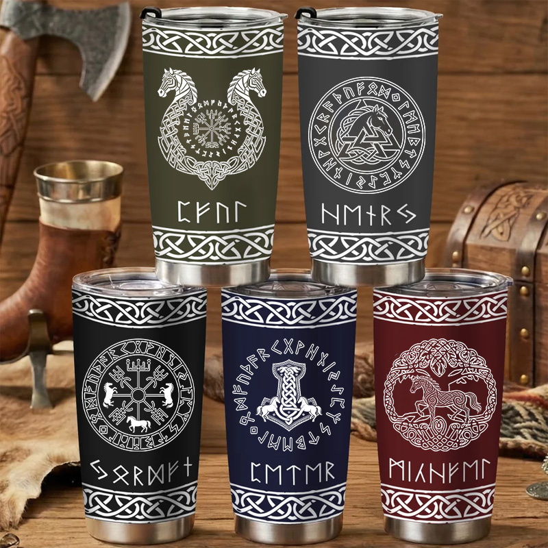 Personalized Multicolor Horse Celtic Guardians Viking Runes Norse Mythology Insulated Tumbler with Name Travel Daily Use Birthday Gift for Equestrain Lovers