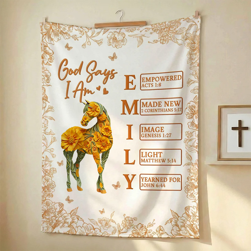 Personalized God Says I Am Horse Birth Flower Soft Throw Blanket with Name Home Use Mother Day Gift for Equestrain Lovers