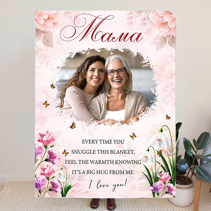 Personalized Mama Photo Blanket with Birthflower Mother's Day Gift For Mom Gigi Mimi Custom Grandmother Mom Birthday Gift 