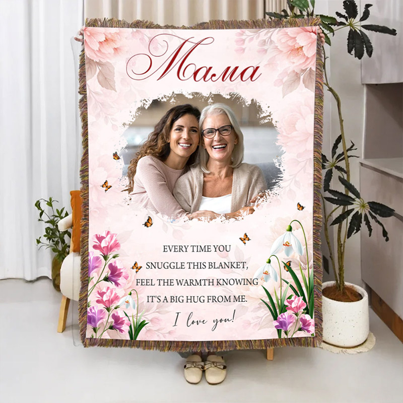 Personalized Mama Photo Blanket with Birthflower Woven Floral Throw Gift For Mom Gigi Mimi Mother's Day Gift Mom Birthday Gift