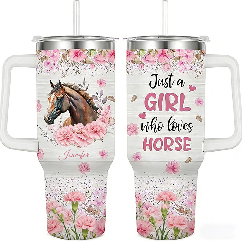 Personalized Birth Month Flower Horse Watercolor Pet Portrait Travel Tumbler Riders Gift for Equestrian Lover