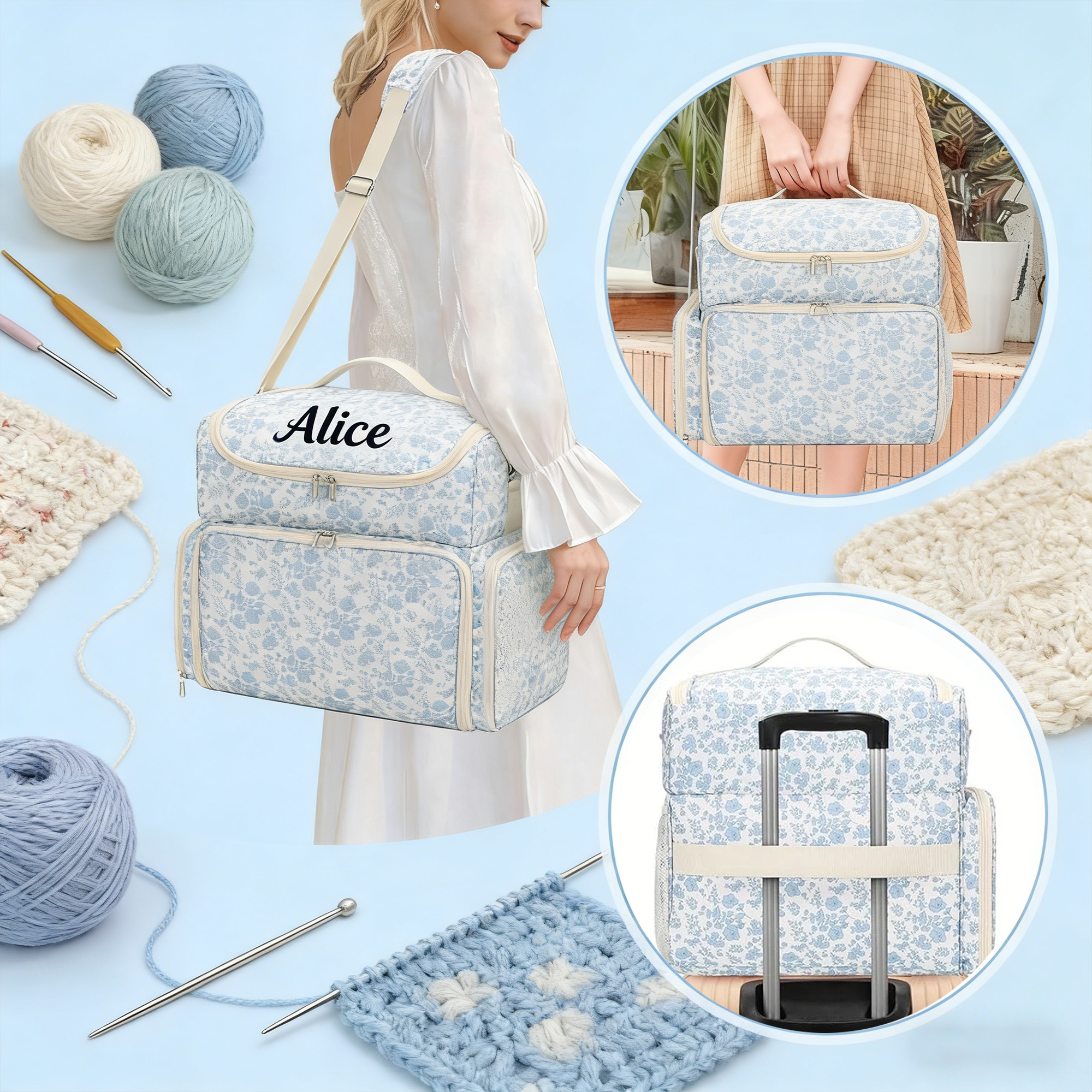 Personalized Large Capacity Floral Crochet & Knitting Bag with Multiple Compartments - Portable Yarn Storage Organizer for Craft Supplies
