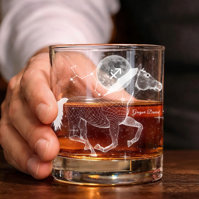 Personalized Name Zodiac and Horse Glasses Cup Whiskey Wine Beer Glassware Gift for Equestrain Lovers