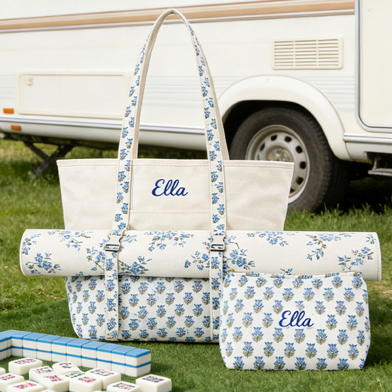 Mahjong Carry Set Personalized Embroidered Mahjong Tote Bag Canvas Carrier Cotton Pouch Block Mat Straps Custom Gift