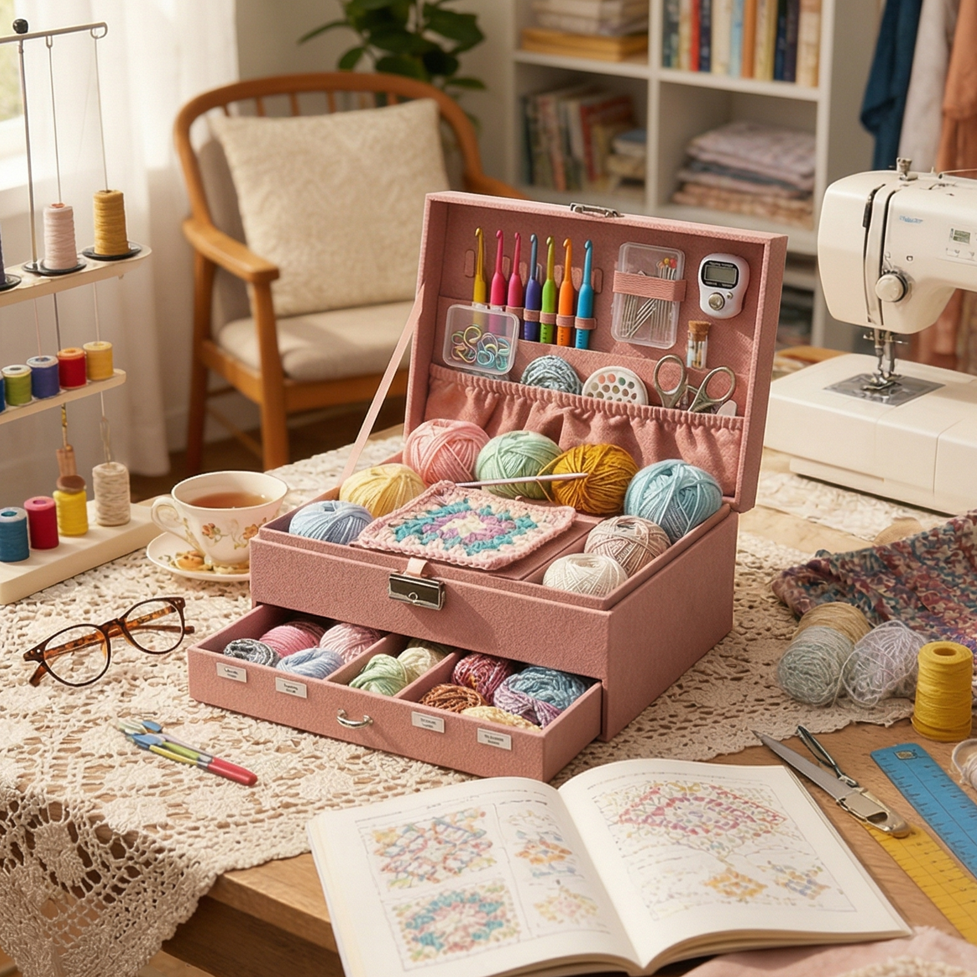 Personalized Multi-Layer Fabric Crochet & Knitting Organizer Box – Portable Craft Storage for Yarn, Hooks and Accessories