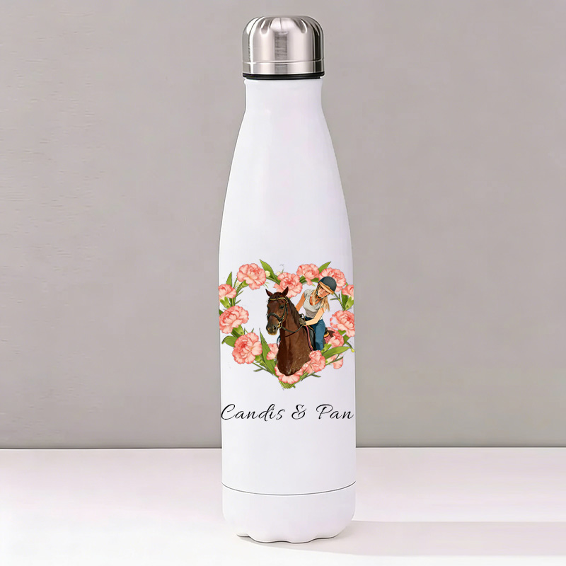 Personalized Birth Flower Heart Photo Custom Jumping Horse Insulated Bottle Pony Owners Thermal Flask Water Bottle for Equestrain Lovers