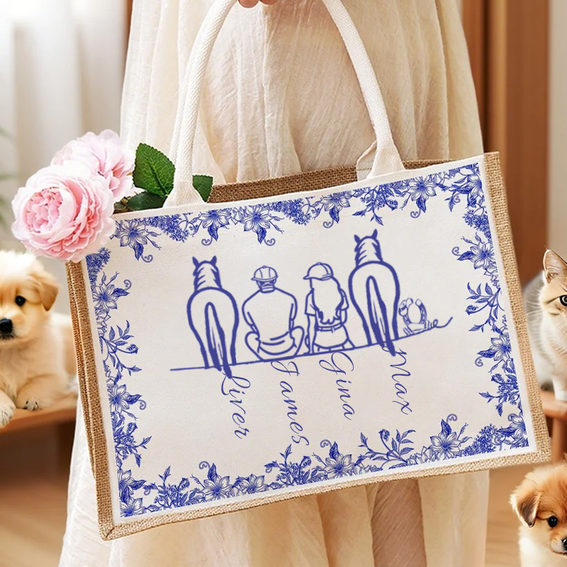 Personalized Toile De Jouy Horse Character Tote Bag Your Silhouette Always With Me Gift for Riding Equestrian Lovers