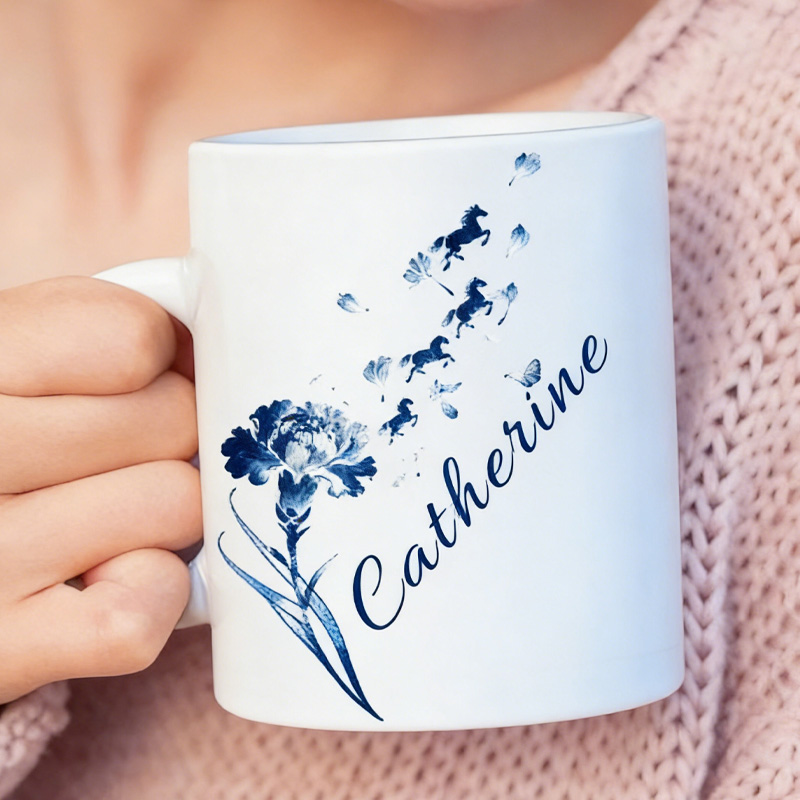 Personalized Birth Flower Horse with Flying Leaves Coffee Mug Elegant Ceramic Cup Gift for Horse Riding Equestrian Lovers