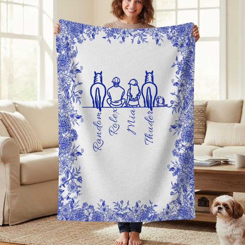 Personalized Toile De Jouy Horse Character Soft Throw Blanket Your Silhouette Always With Me Gift for Equestrain Lovers