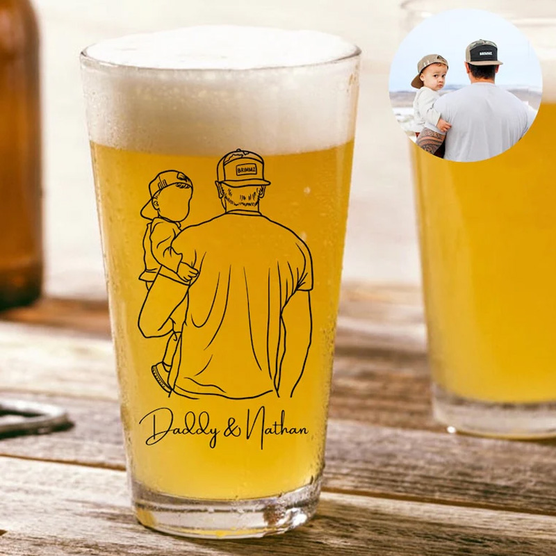 Custom Photo Dad and Kids Mixing Glass New Dad Gifts First Time Dad Gift Gift for Grandpa Outline Drawing Daddy and Me Pint Beer Glass