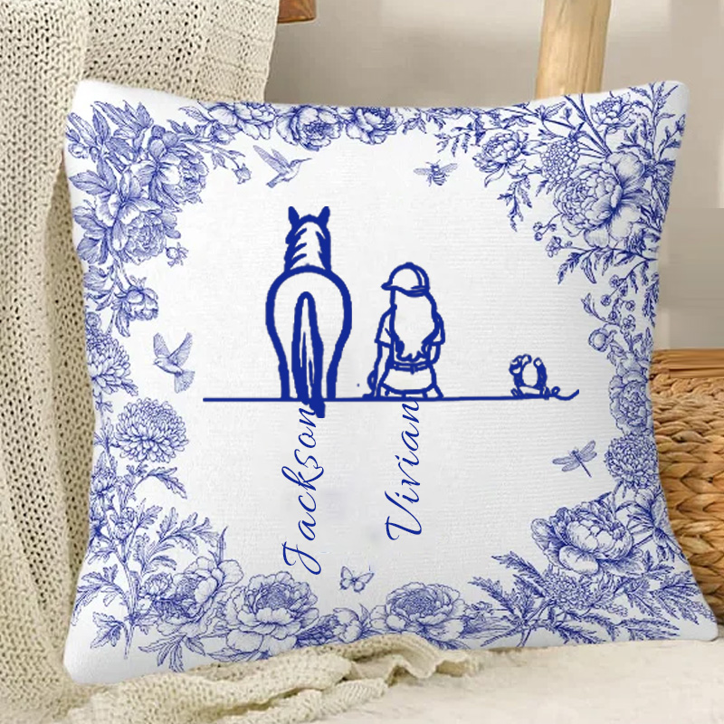 Personalized Toile De Jouy Horse Character Throw Pillow Cover Your Silhouette Always With Me Home Decor Birthday Gift for Equestrain Lovers