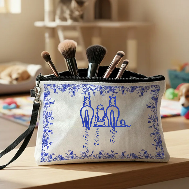 Personalized Toile De Jouy Line Style Horse Character Gift Linen Zipper Pouch for Equestrain Lovers