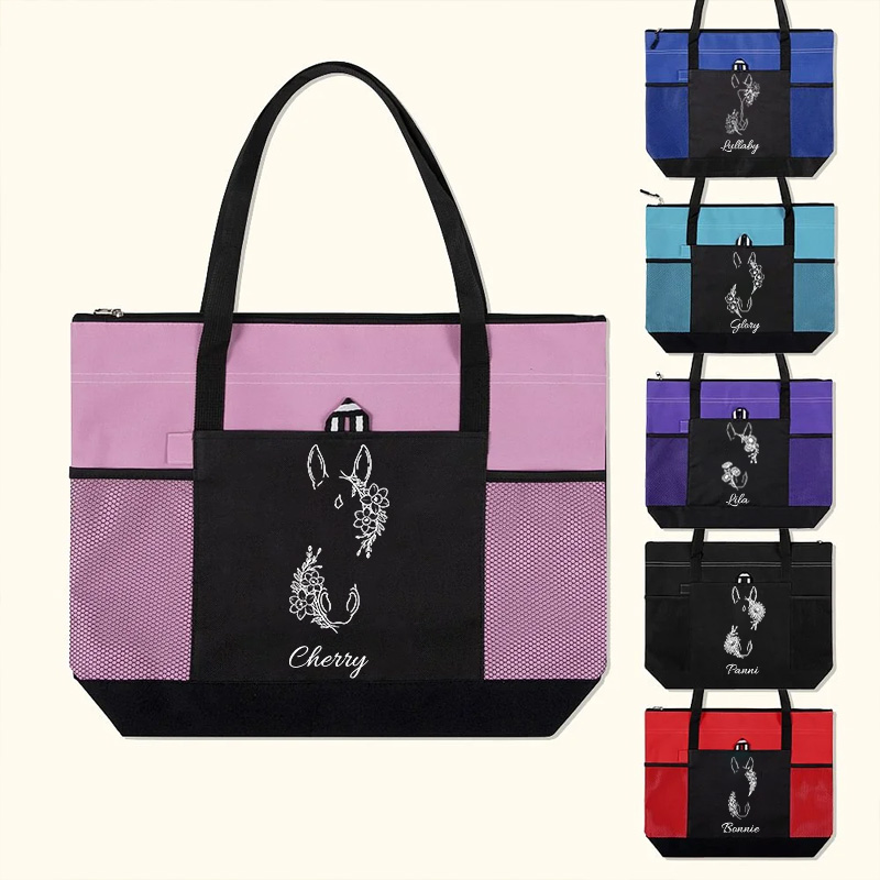Personalized Horse Birth Flower Oxford Large Tote Bag with Name Travel Essentials Birthday Gift for Equestrain Lovers 