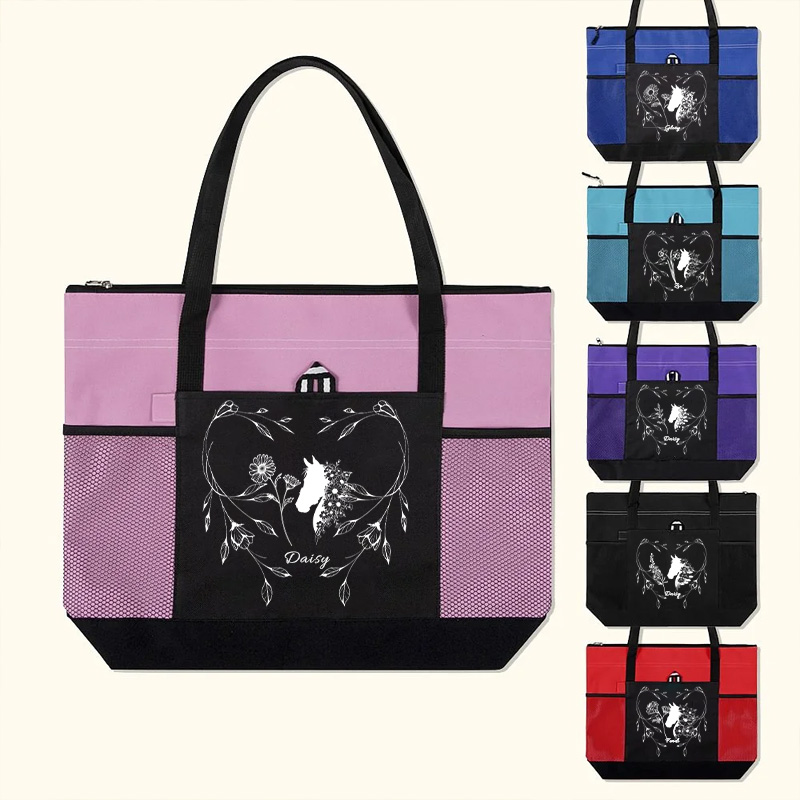 Personalized Horse Heart Birth Flower Oxford Large Tote Bag with Name Travel Essentials Birthday Gift for Equestrain Lovers 