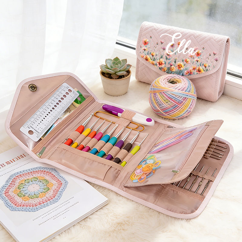Personalized Birth Flower Foldable Crochet Hook Organizer with Name Knitting Accessories Mother's Day Gift for Crochet Enthusiasts