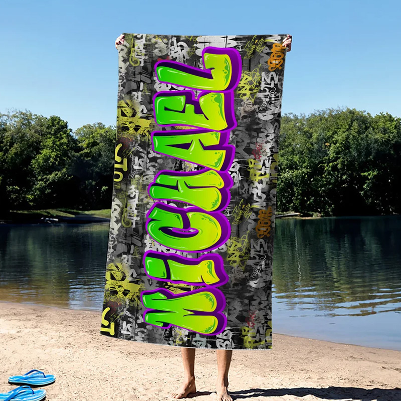 Personalized Stylish Graffiti Oversized Quick Dry Beach Towel with Name Beach Party Travel Essentials Birthday Gift for Kids Family