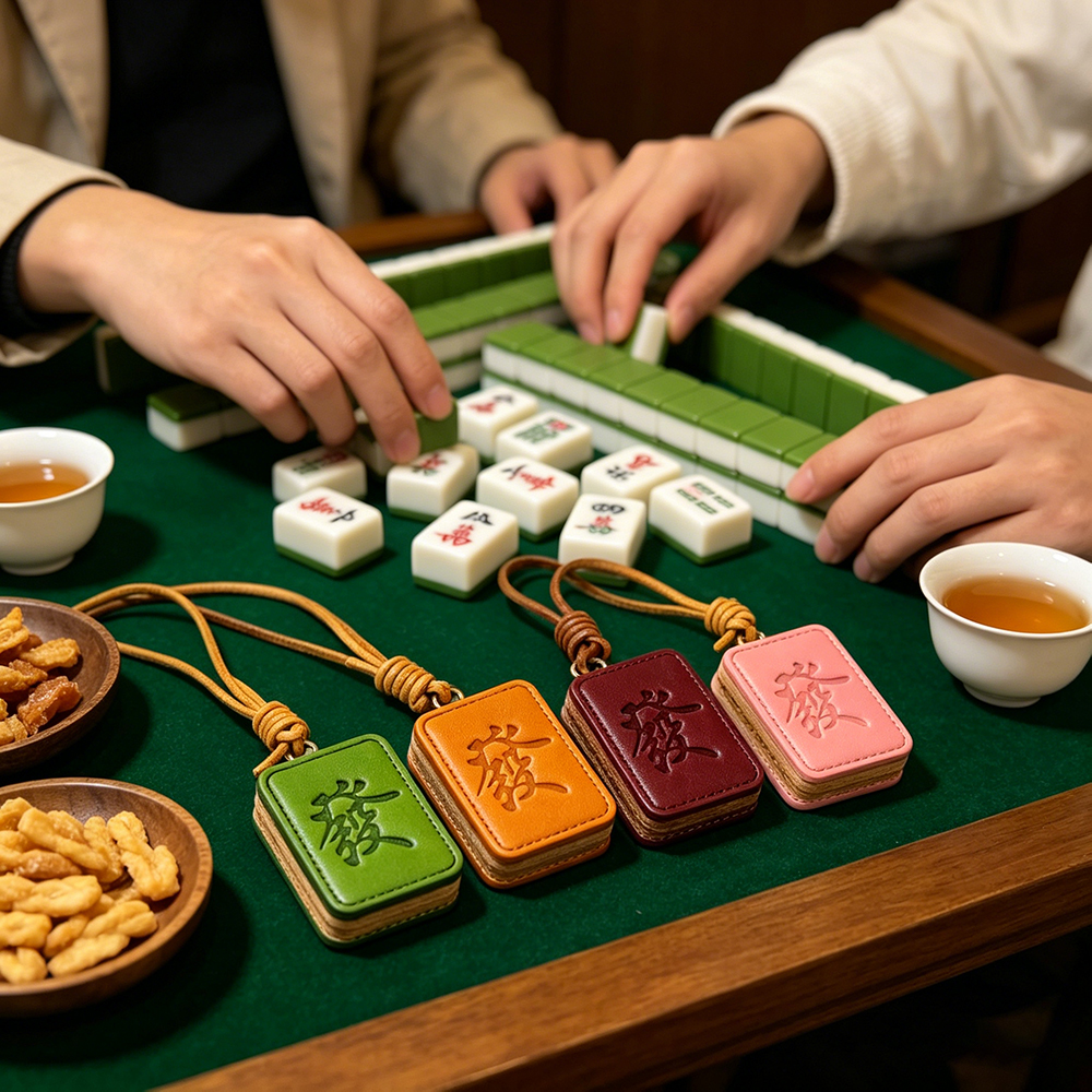Lucky Mahjong Leather Charm Keychain Chinese Style Fa Cai Red Zhong Pendant Handmade Bag Charm Phone Strap Fortune Gift Accessory