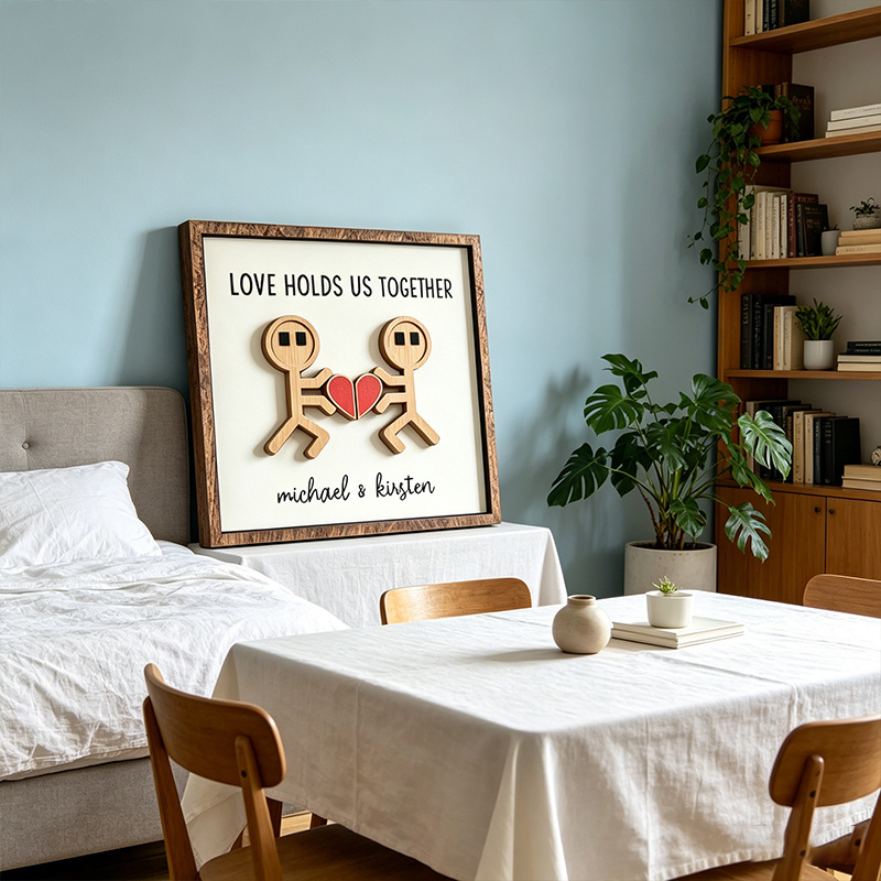 Personalized Funny Cartoon Couple Wooden Sign Gift Valentine's Day Gift for Couple Love Holds Us Together Wood Sign with Couple Name