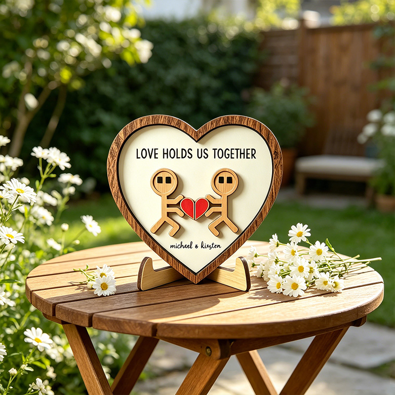 Personalized Funny Cartoon Couple Wooden Sign Gift Heart Shape Wooden Love Holds Us Together Sign with Couple Name Gift Plaque