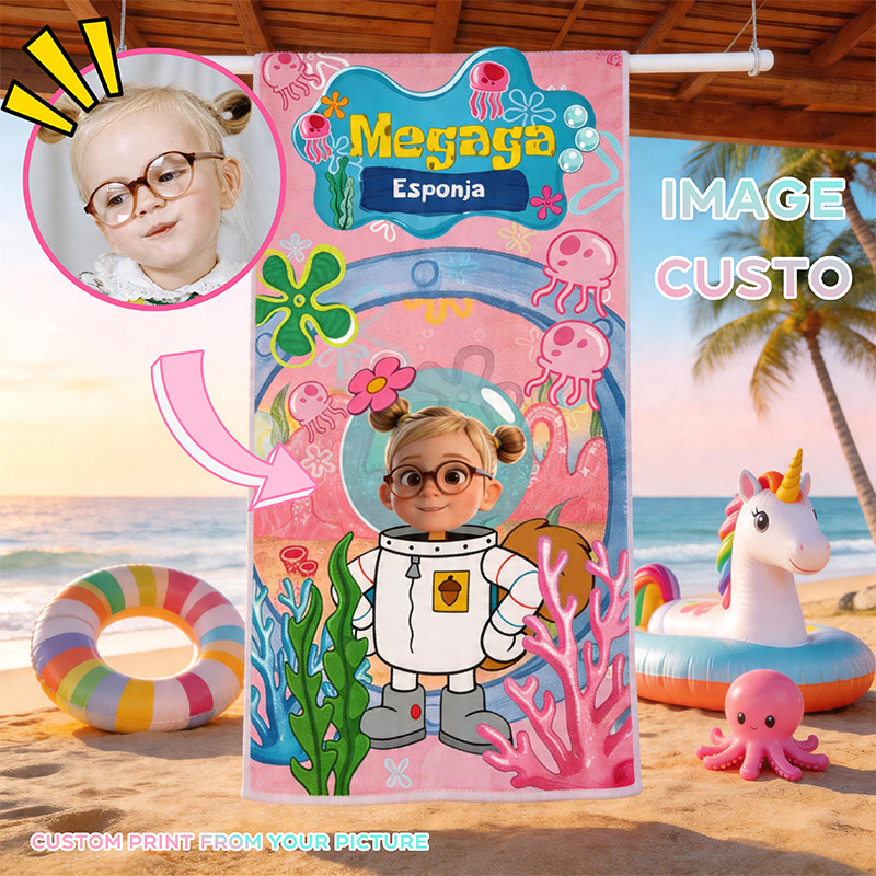 Personalized Kids Beach Towel Custom Name Photo Towel Cute Ocean Theme Swim Pool Gift For Girls Boys