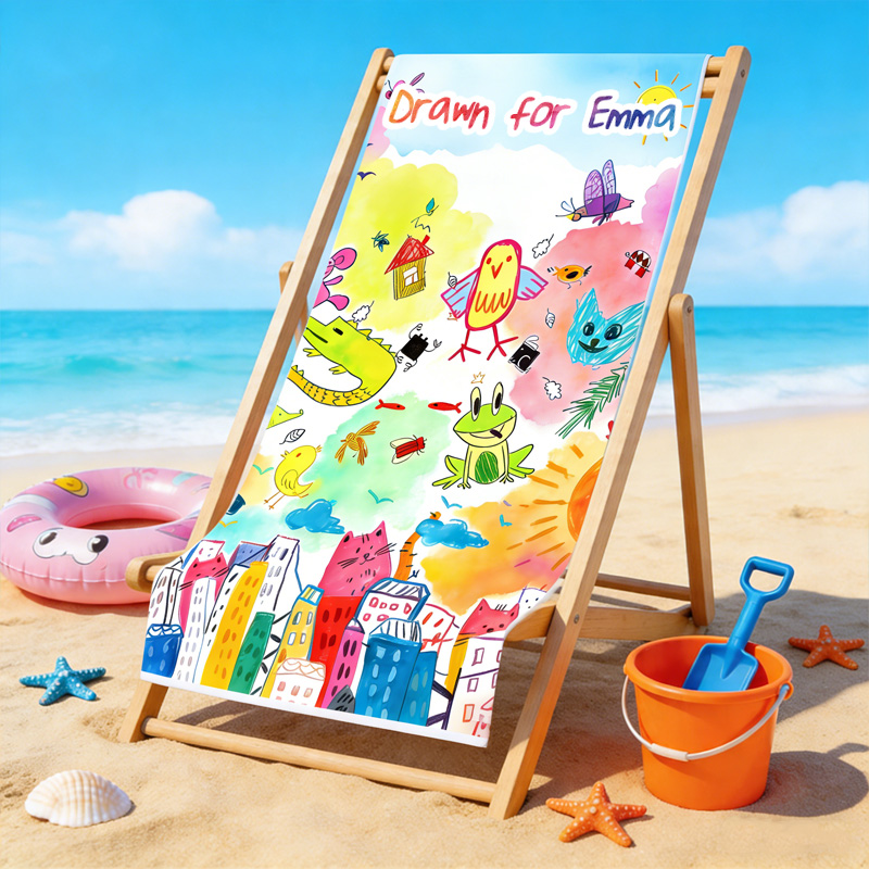 Personalized Kids Drawing Beach Towel Custom Name Hand Drawn Style Towel Gift For Girls Boys