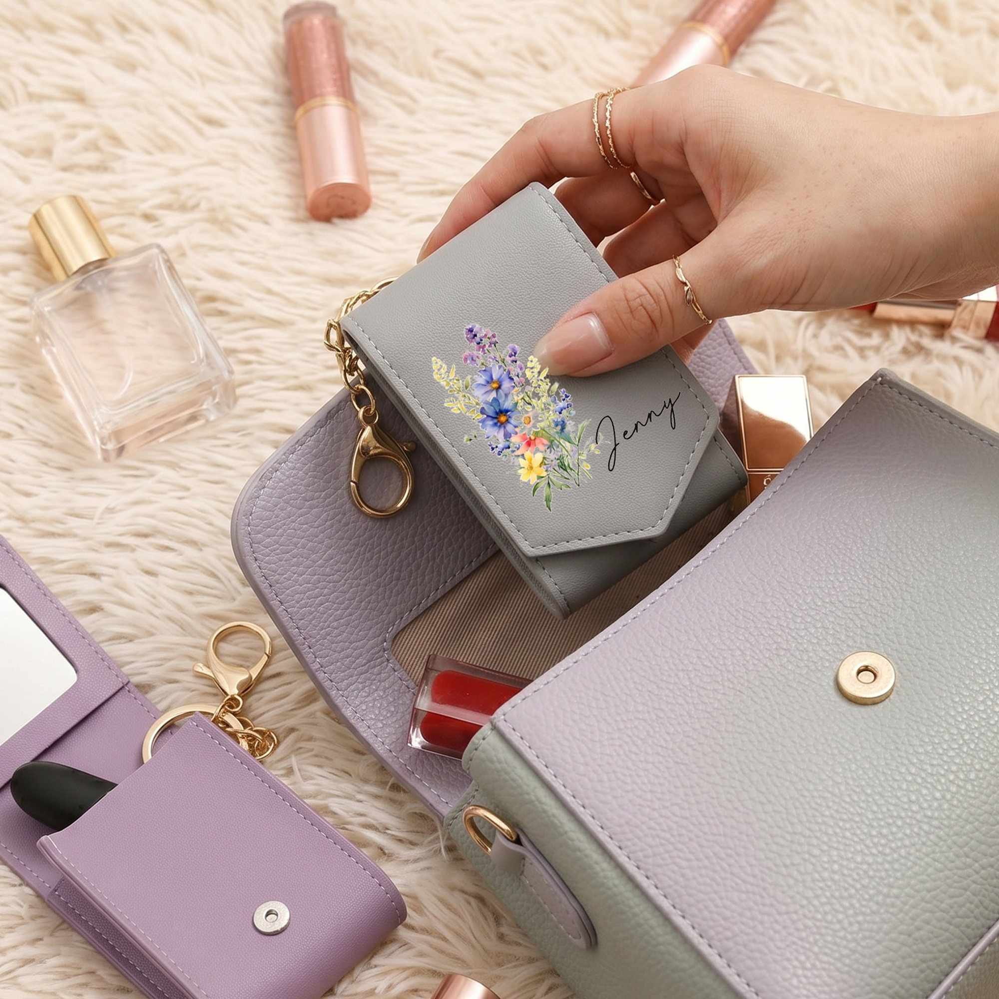 Personalized Lipstick Holder with Birth Flower  Custom Name PU Leather Mini Cosmetic Case Portable Multi Lipstick Storage Pouch Gift for Her