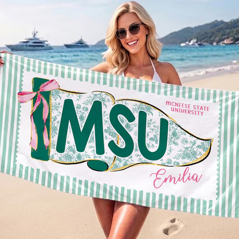 Personalized College Beach Towel Custom University Letters Graduation Gift Soft Striped Blanket
