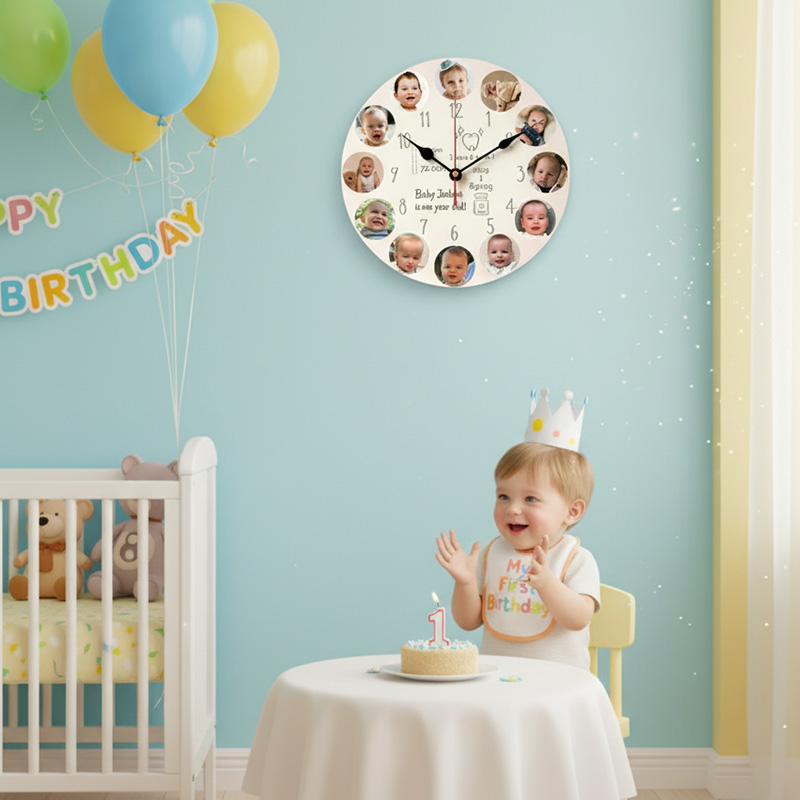 Personalized Baby 1-12 Month Photo Clock Custom First Birthday Gift Keepsake Wall Clock For Nursery Room