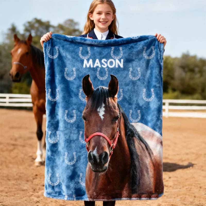 Personalized Horse Lover Painted Horse Photo Horseshoe Print Multicolor Soft Throw Blanket