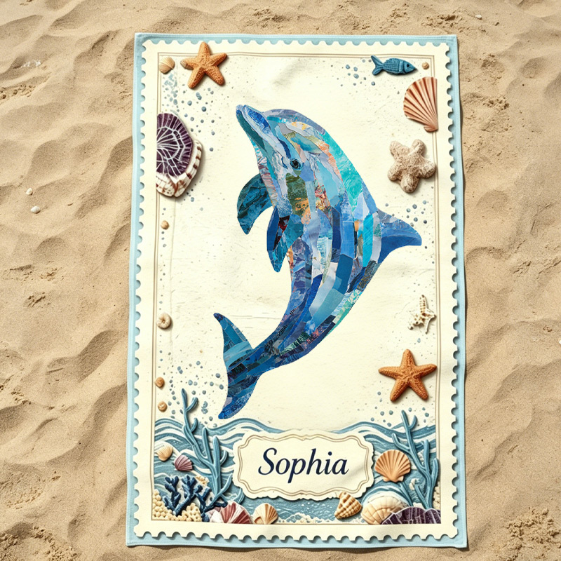 Personalized  Beach Towel  Coastal Patchwork Collage Design Custom Name Kids Towel for Summer Vacation Ocean Theme Gift