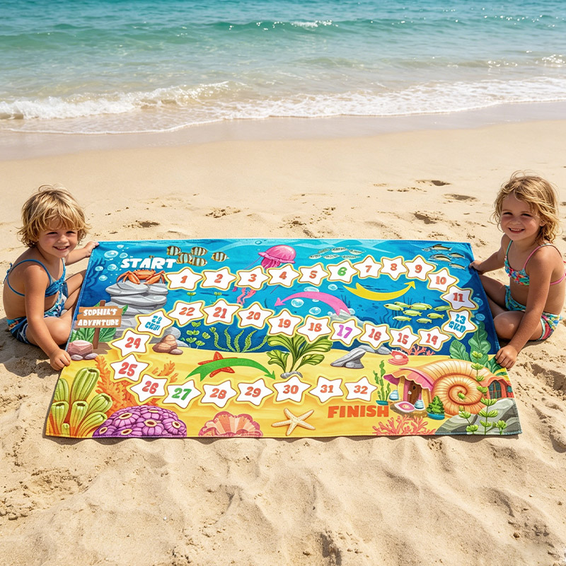 Personalized Under the Sea Game Beach Towel  Kids Number Adventure Board Design Custom Name Beach Mat for Family Fun and Summer Play Play & Learn Game Towel