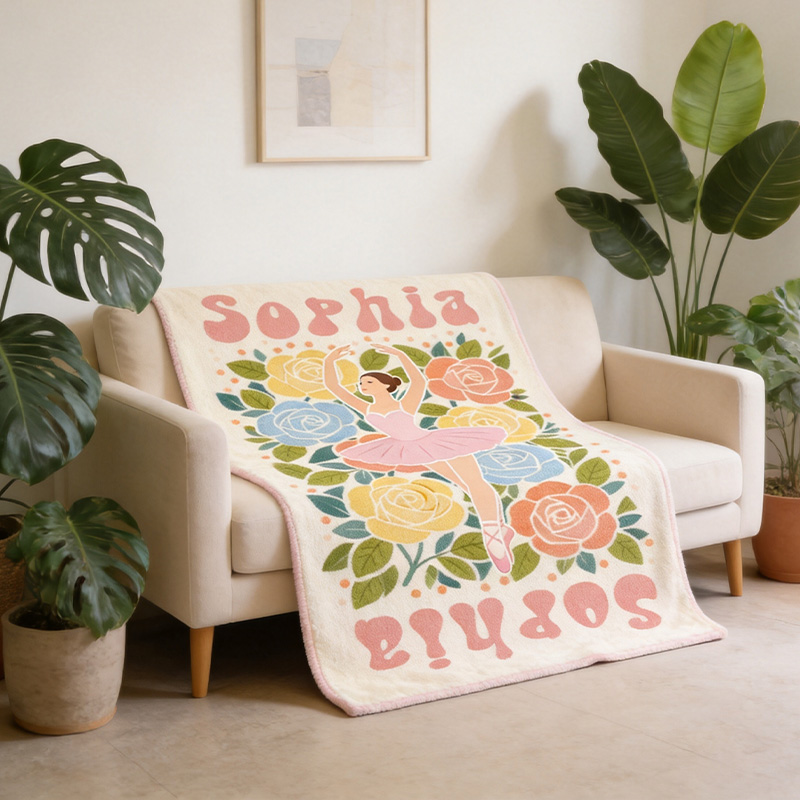 Personalized Birth Flower Ballerina Blanket Custom Name Dance Gift For Girls Floral Ballet Theme Cozy Soft Fleece Throw