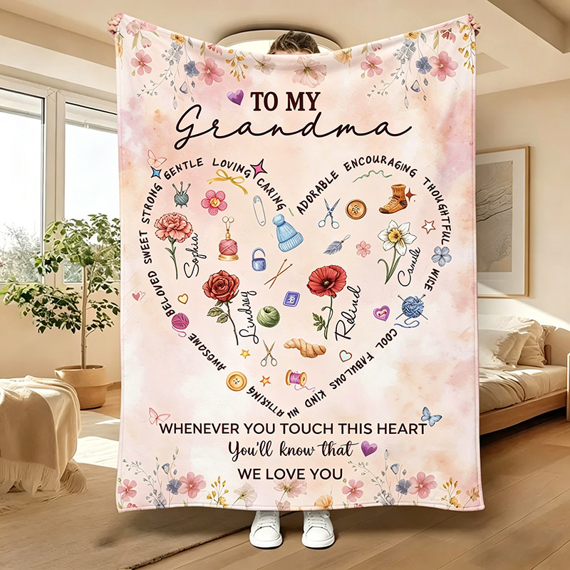 Personalized Grandma Blanket with Birthflower Knitting Lover Blanket Mother's Day Gift Nana Birthday Gift