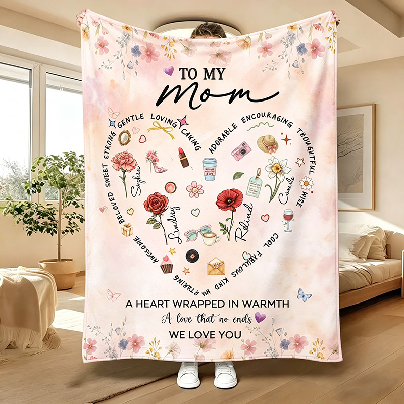 Personalized Mama Blanket with Birthflowers Custom Blanket with Kids Name Mother's Day Gift Mom Birthday Gift