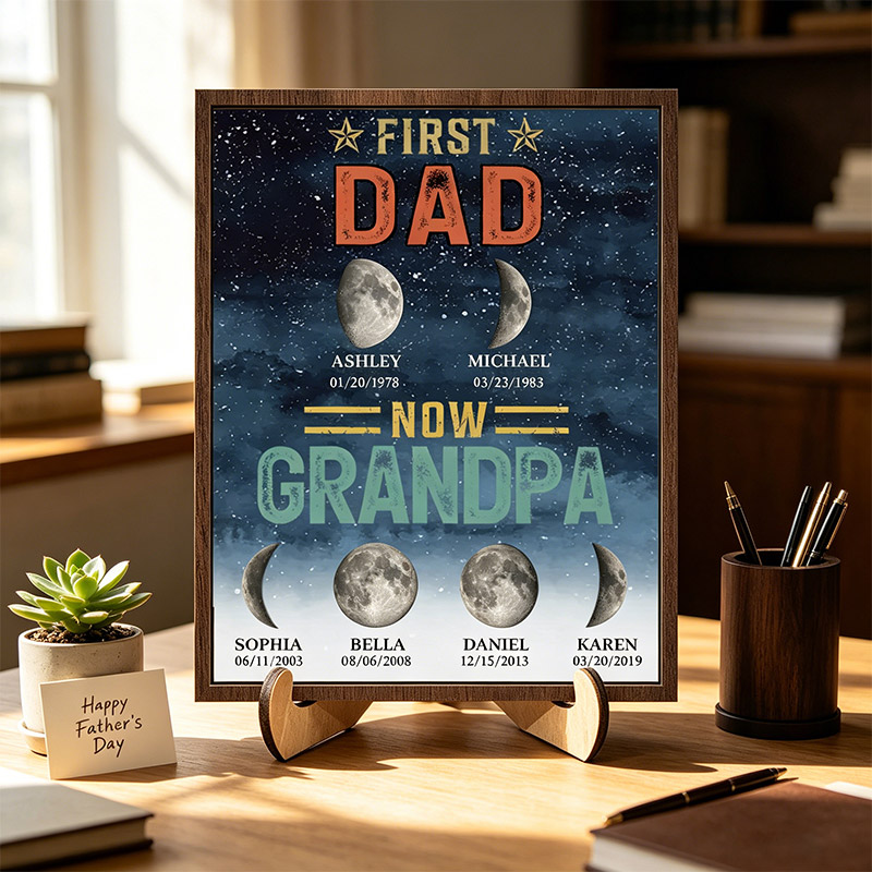Personalized First Dad Now Grandpa Sign Papa Wooden Plaque with Kids Names Father's Day Gift For Dad Grandpa