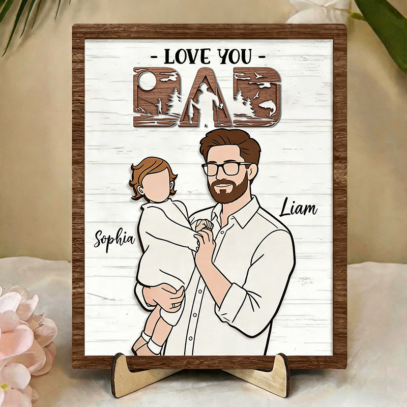 Personalized Love You Dad Sign Custom Dad Portrait with Kid Wooden Plaque Fishing Lover Dad Gifts Father's Day Gift For Dad