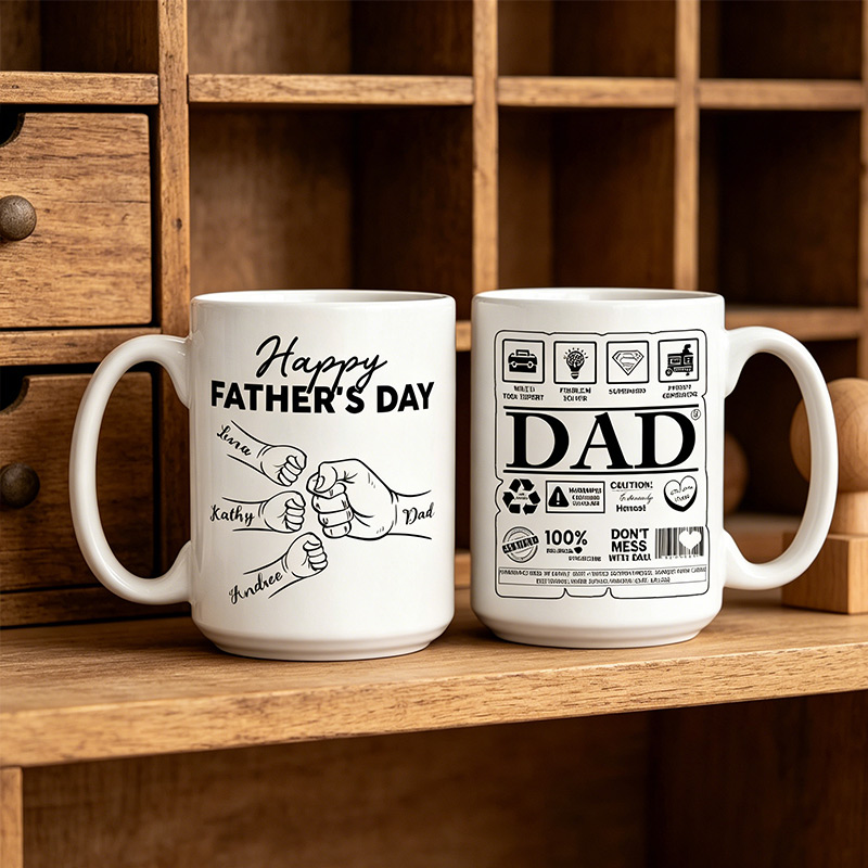 Personalized Happy Father's Day 11 oz 15 oz Ceramic Mug with 1-6 Names Custom Dad Mug Father's Day Gifts for Dad Grandpa