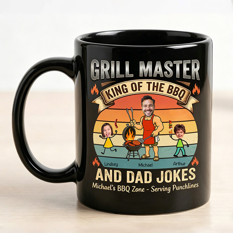 Personalized Grill Master Mug King of The BBQ And Dad Jokes Custom 11 oz Ceramic Mug with Kids Photos Father's Day Gifts for Dad