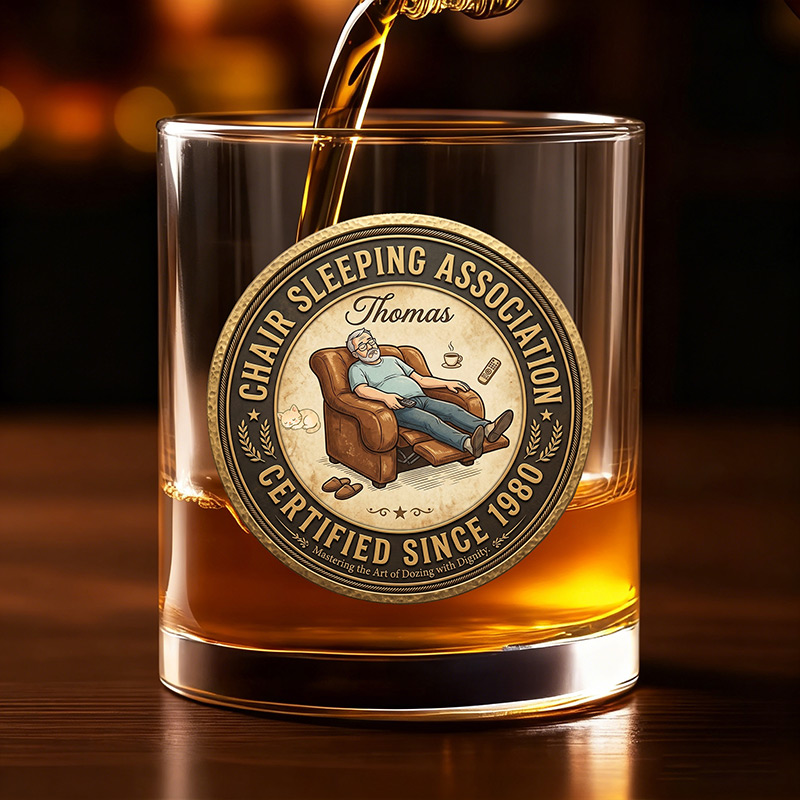 Personalized Chair Sleeping Association Certified with Photo Whiskey Glass for Dad Grandpa Custom Glass with Name Father's Day Gifts for Him
