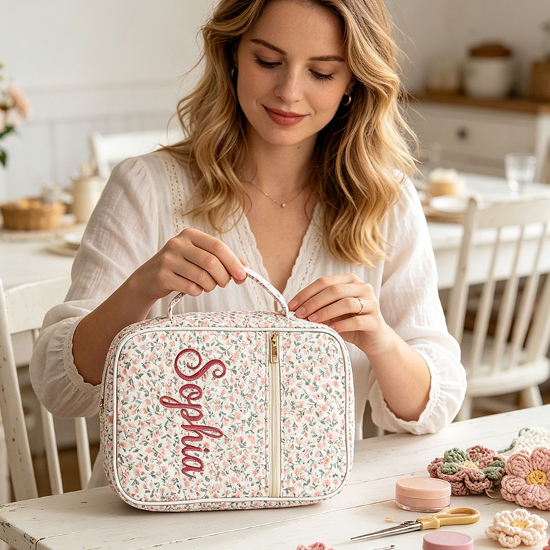 Pedsonalized Crochet Tool Storage Bag with Embroidery Name Quilted Floral Knitting Bag Needle Storage Bag Sewing Project Organizer Gift for knitter