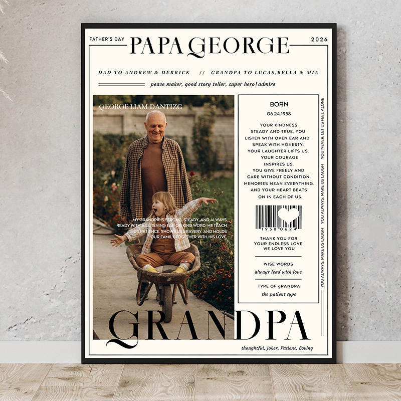 Personalized Papa Magazine Wall Art with Portrait Art Print Customed Wall Decor Father's Day Gift Home Decor Gift for Him