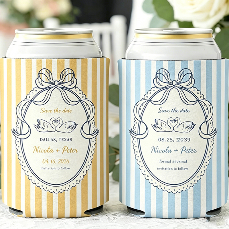 Personalized Multicolor Watercolor Striped Beer Can Cooler Sleeve with Name Title and Date Wedding Party Gift for Newlyweds