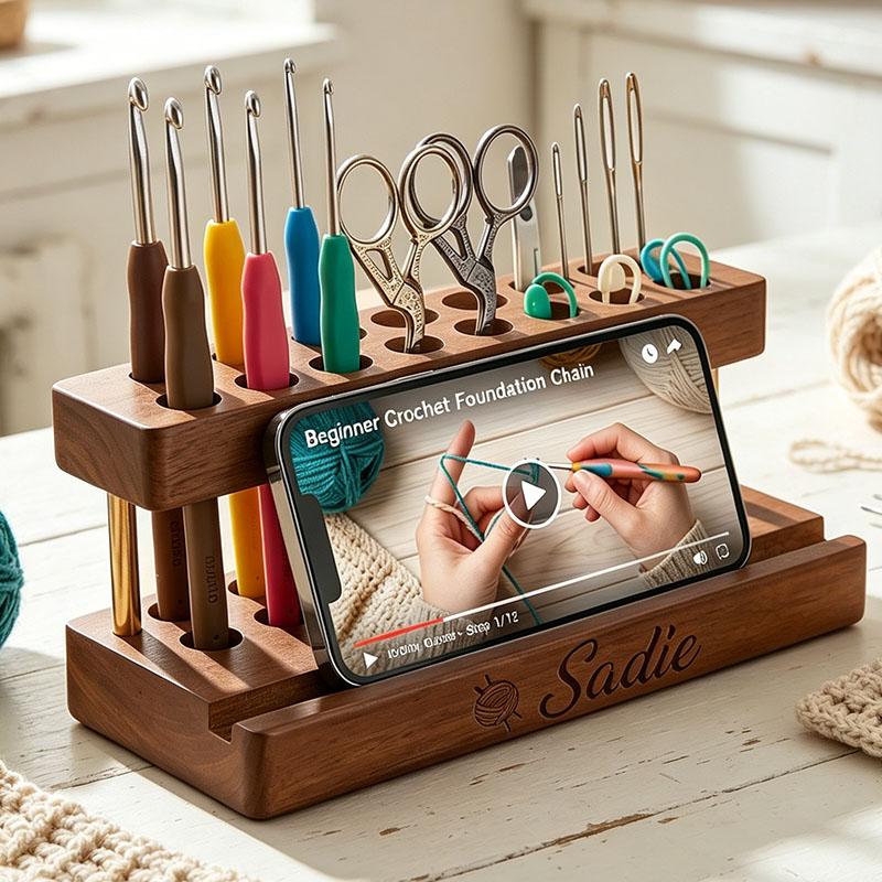 Personalized Crochet Holder for Desk Solid Walnut Crochet Display Stand with 9/15 Slots and Cell Phone Holder Aesthetic Crochet Organizer for Minimalist Workbench Decor Single/Double-Row Style