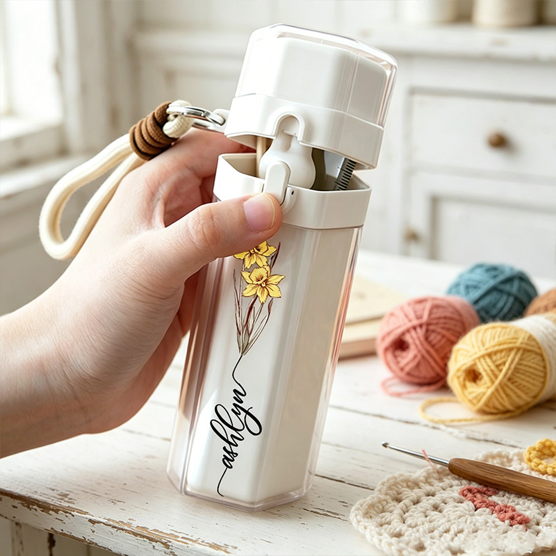 Personalized Corduroy Capsule Style Crochet Tool Organizer Plastic Custom Name with Birth Flower Snap Closure Storage Case Multifunctional Crochet Kit with Lanyard