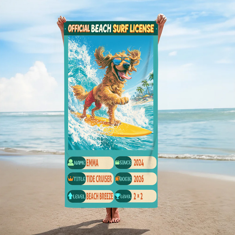 Personalized Official Beach Surf License Animals Surfing Kids Personalized Name Towel Fun Ocean Wave Summer Gift