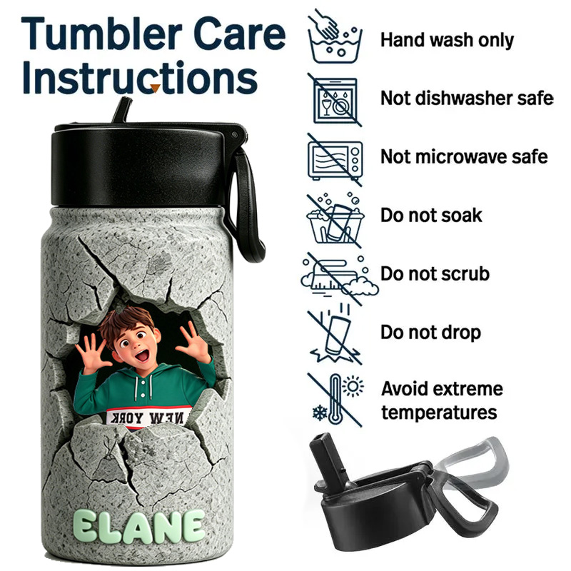Personalized Cracked Wall Escape Name Photo Print Kids Adventure Breakthrough Art Water Bottle