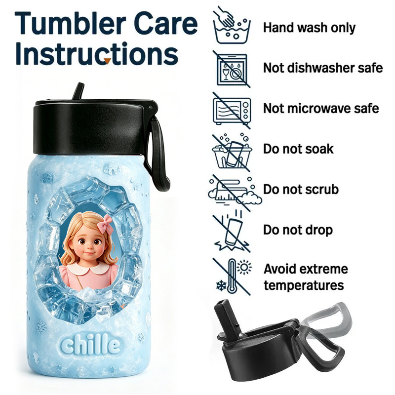 Personalized Ice Princess Name Photo In Frozen Crystal Frame Winter Snowflake Kids Magic Stainless Steel Water Bottle