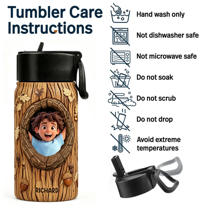 Personalized Tree Trunk Peekaboo Name Photo Woodland Forest Adventure Nature Kids Camping Style Water Bottle